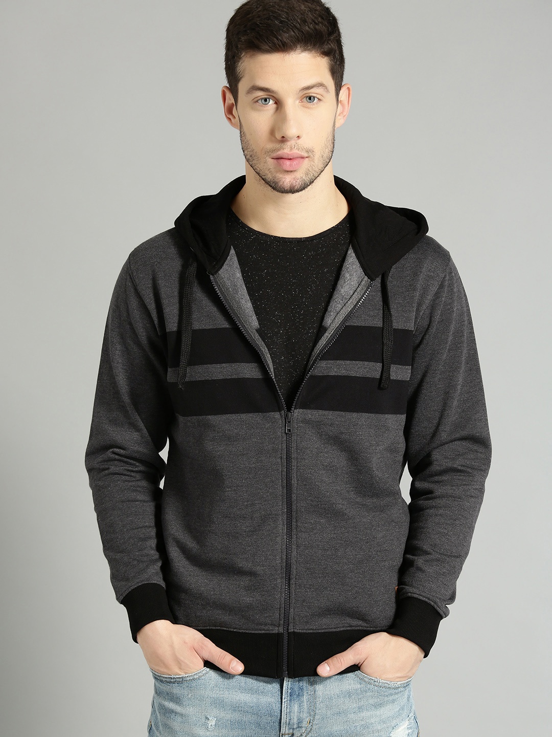 

The Roadster Lifestyle Co Men Charcoal Grey & Black Striped Hooded Sweatshirt