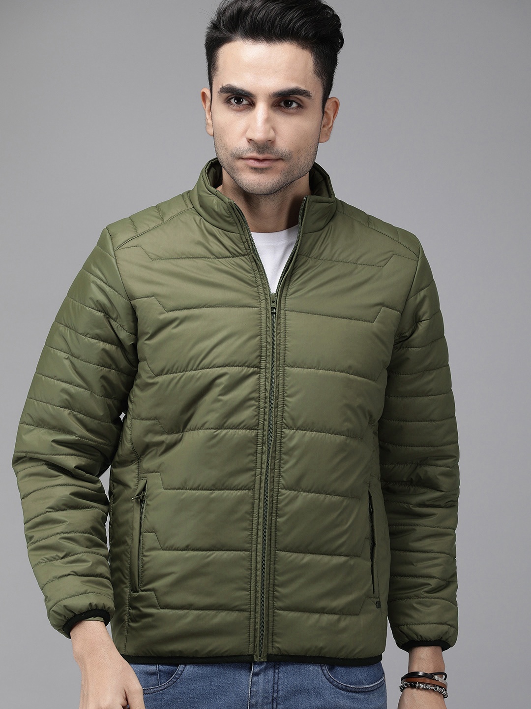 

The Roadster Lifestyle Co Men Olive Green Solid Padded Jacket