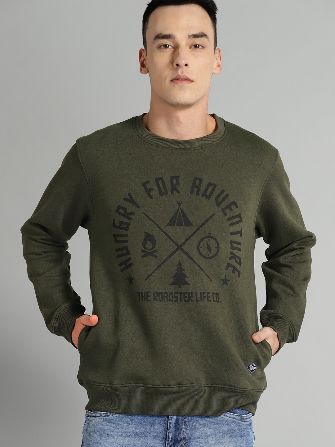 

The Roadster Lifestyle Co Men Olive Green & Black Printed Sweatshirt