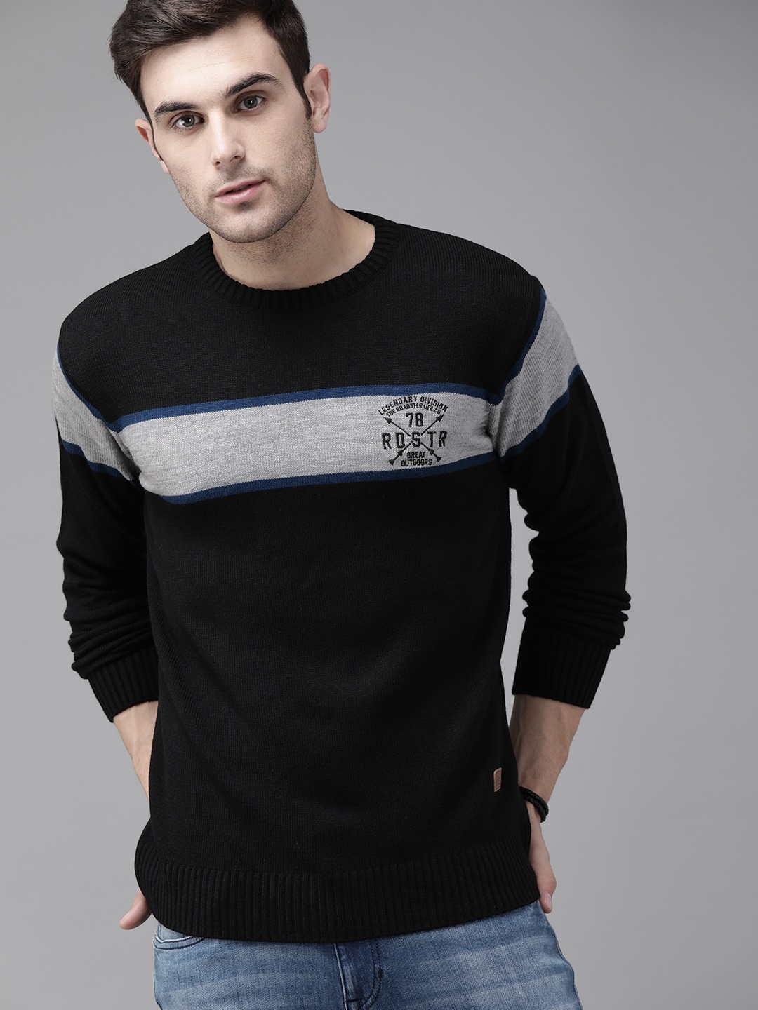 

The Roadster Lifestyle Co Men Black & Grey Striped Pullover Sweater