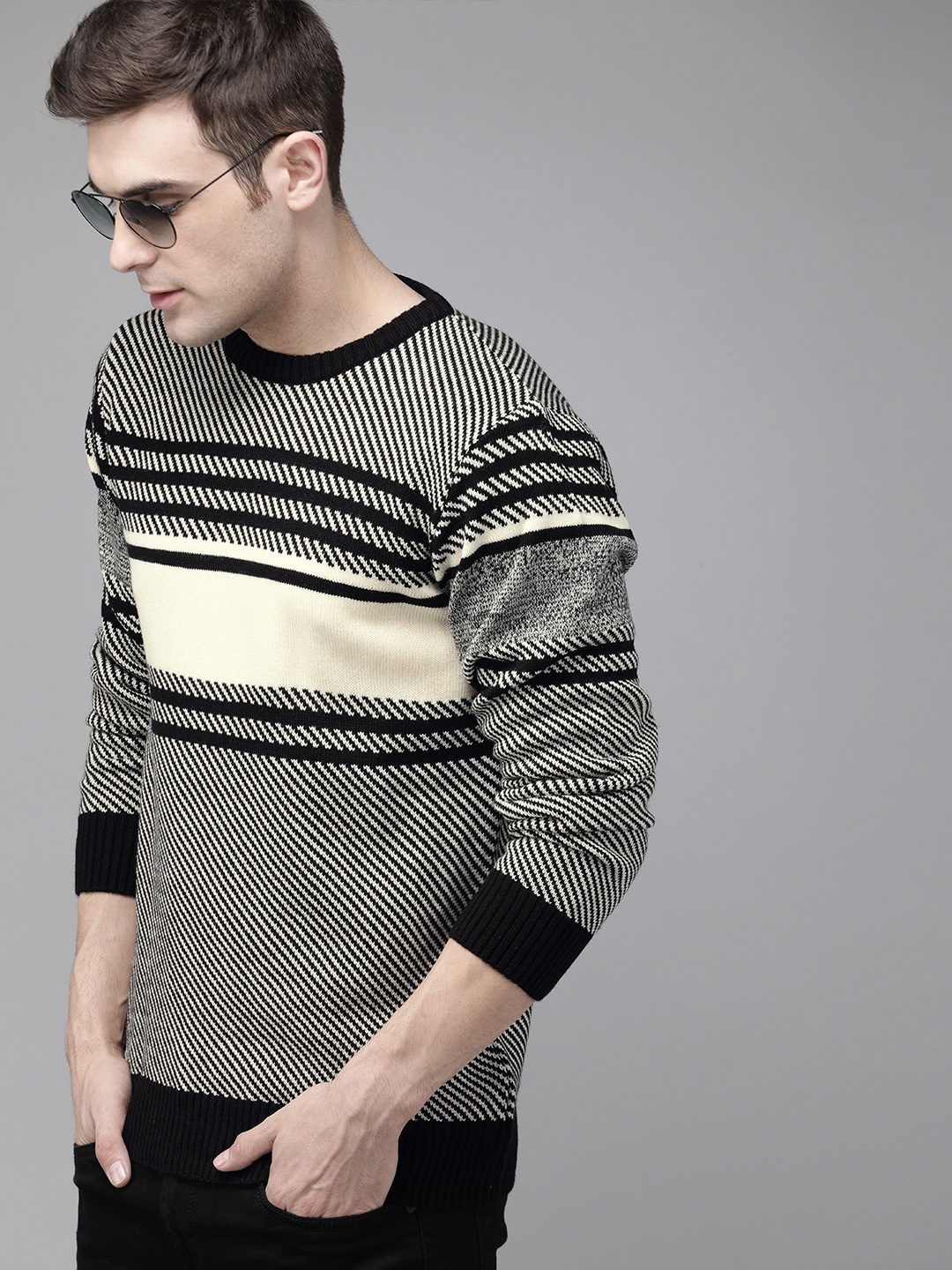 

The Roadster Lifestyle Co Men Black & Off-White Striped Pullover Sweater