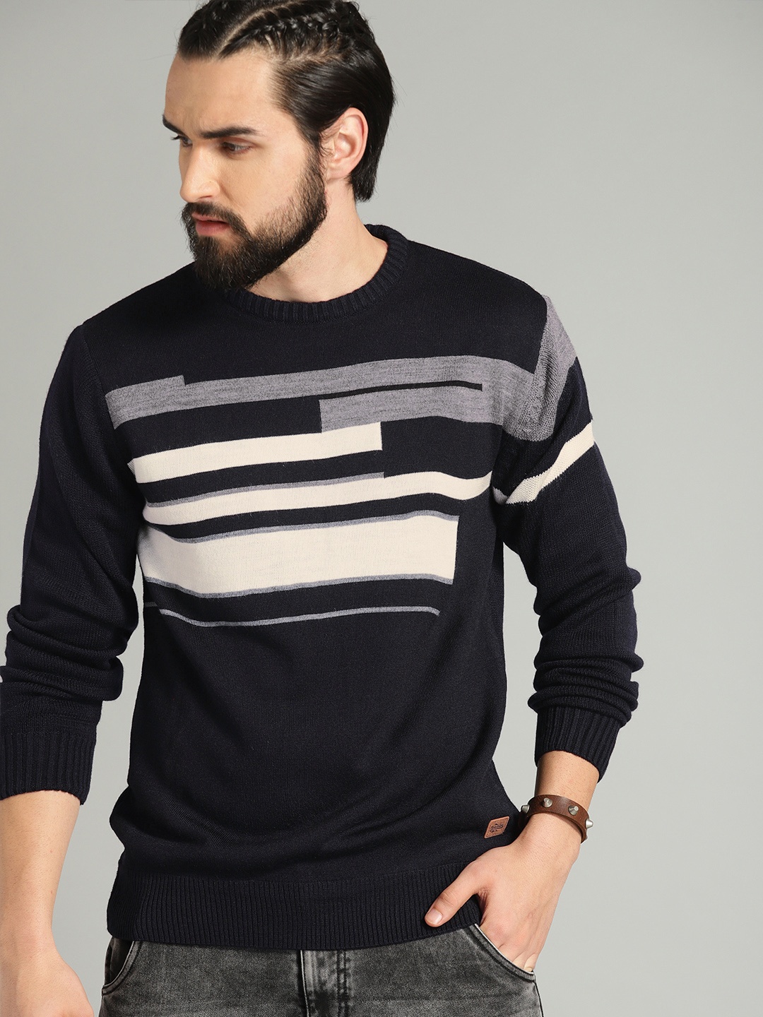 

The Roadster Lifestyle Co Men Navy Blue & White Striped Sweater