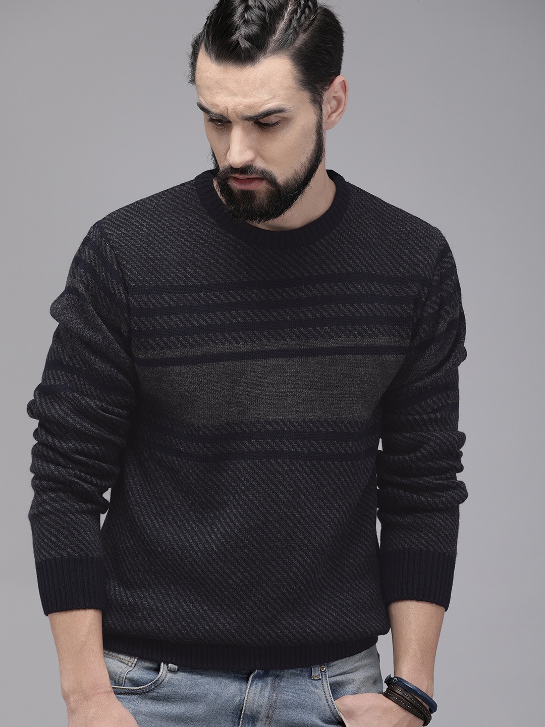 

The Roadster Lifestyle Co Men Navy Blue & Grey Striped Pullover Sweater