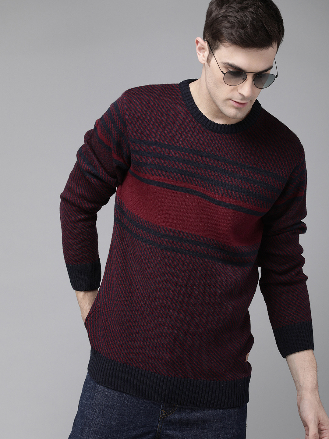

The Roadster Lifestyle Co Men Maroon & Navy Striped Pullover Sweater