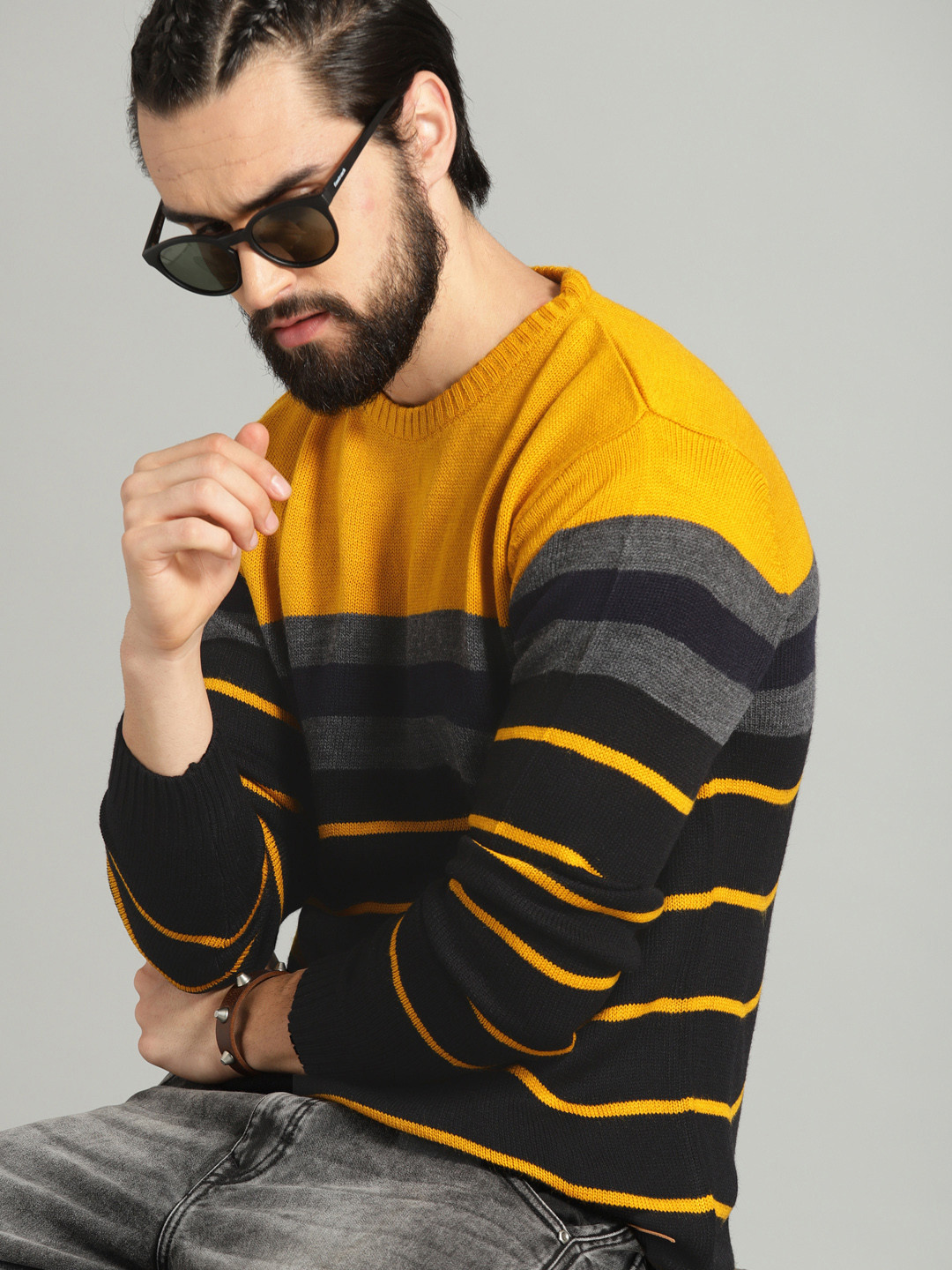 

Roadster Men Mustard Yellow & Black Striped Sweater
