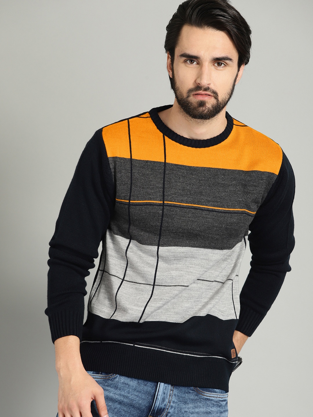 

The Roadster Lifestyle Co Men Navy Blue & Charcoal Grey Colourblocked Sweater