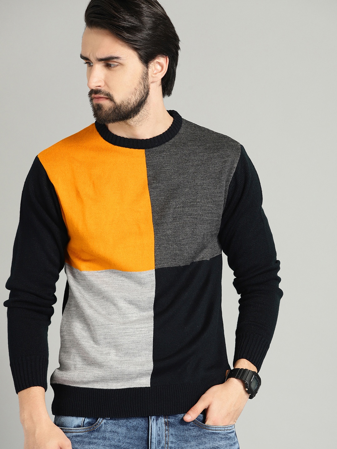 

The Roadster Lifestyle Co Men Navy Blue & Mustard Yellow Colourblocked Sweater