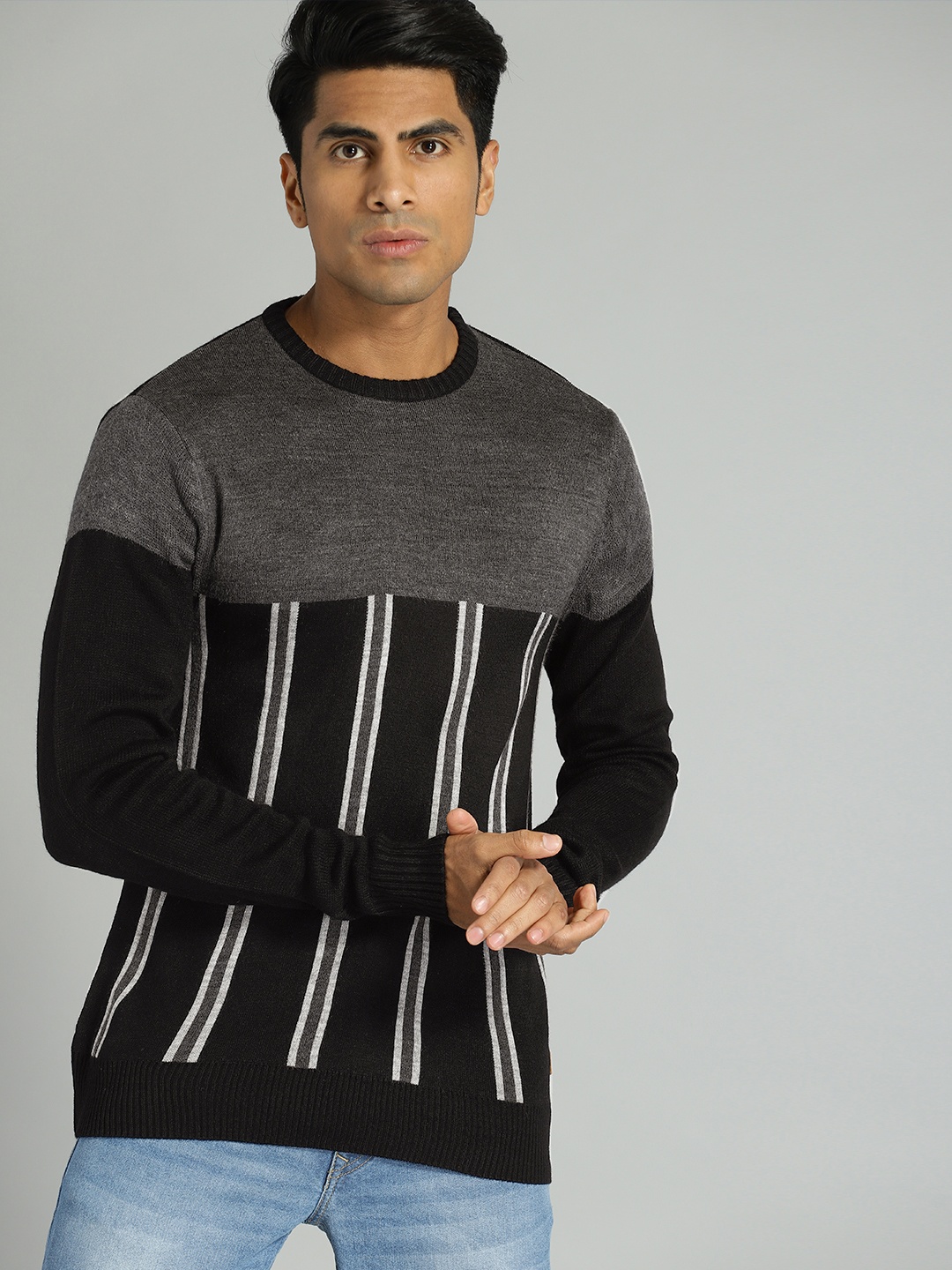 

The Roadster Lifestyle Co Men Black & Grey Striped Acrylic Sweater