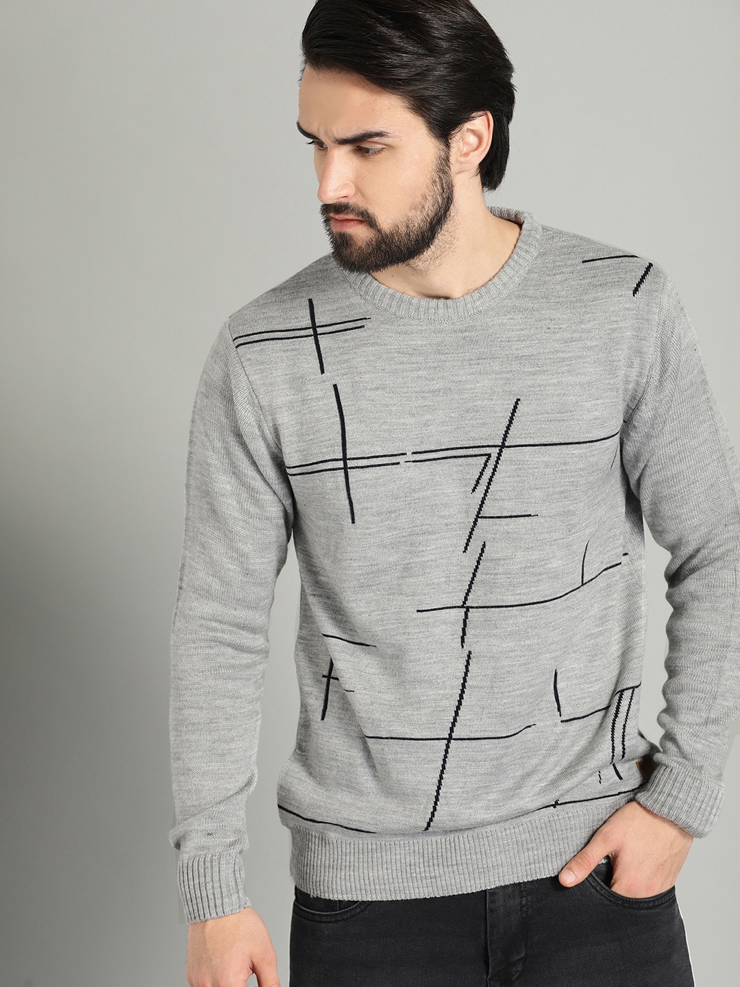 

The Roadster Lifestyle Co Men Grey & Navy Blue Self Design Sweater