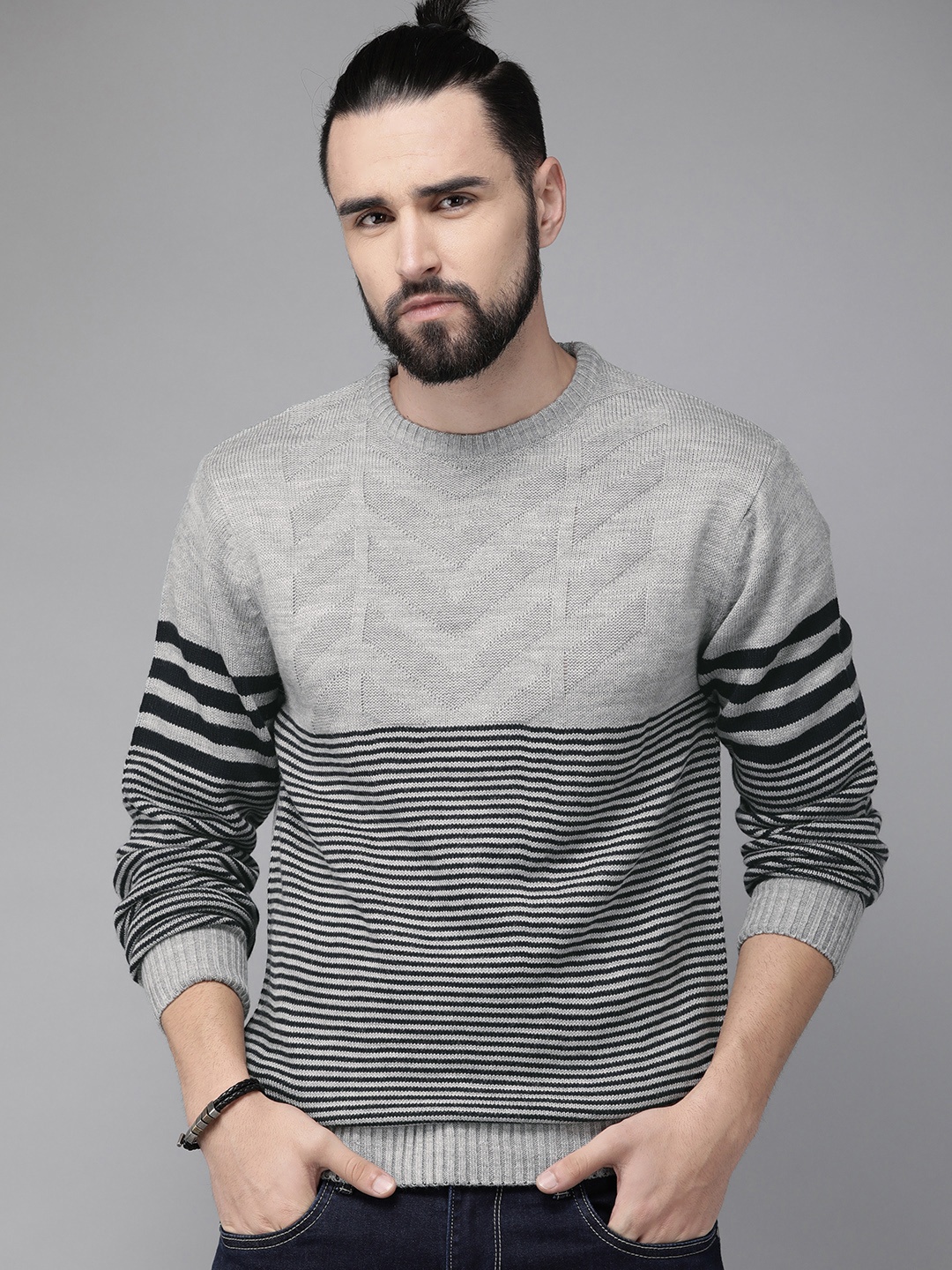 

The Roadster Lifestyle Co Men Grey Melange & Navy Blue Striped Sweater