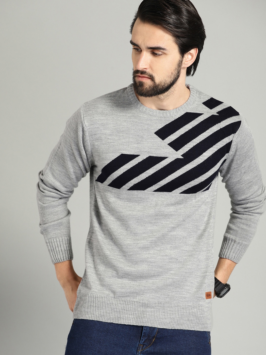 

The Roadster Lifestyle Co Men Grey Melange & Black Striped Sweater