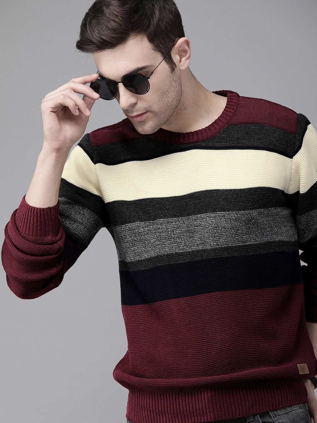 

The Roadster Lifestyle Co Men Maroon & Cream-Coloured Striped Acrylic Pullover Sweater