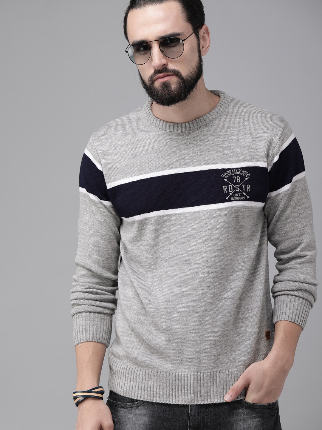 

The Roadster Lifestyle Co Men Grey & Navy Blue Striped Pullover Sweater