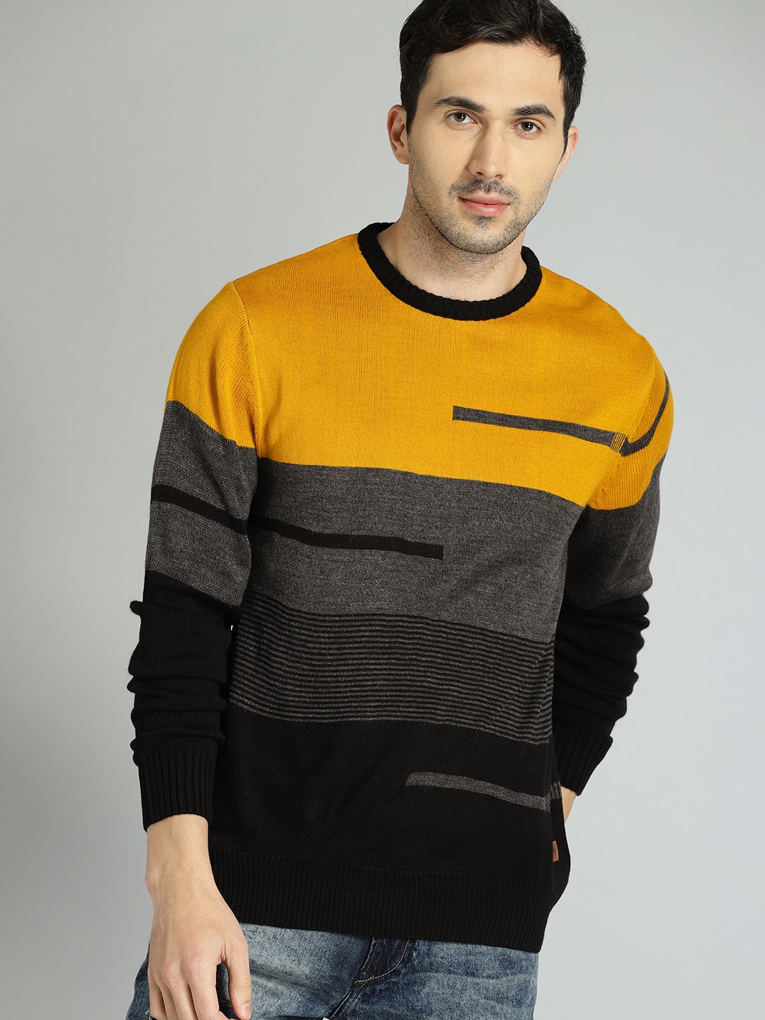 

The Roadster Lifestyle Co Men Black & Mustard Colourblocked Sweater