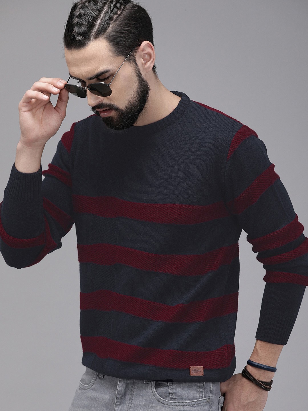 

The Roadster Lifestyle Co Men Navy Blue & Maroon Striped Pullover Sweater