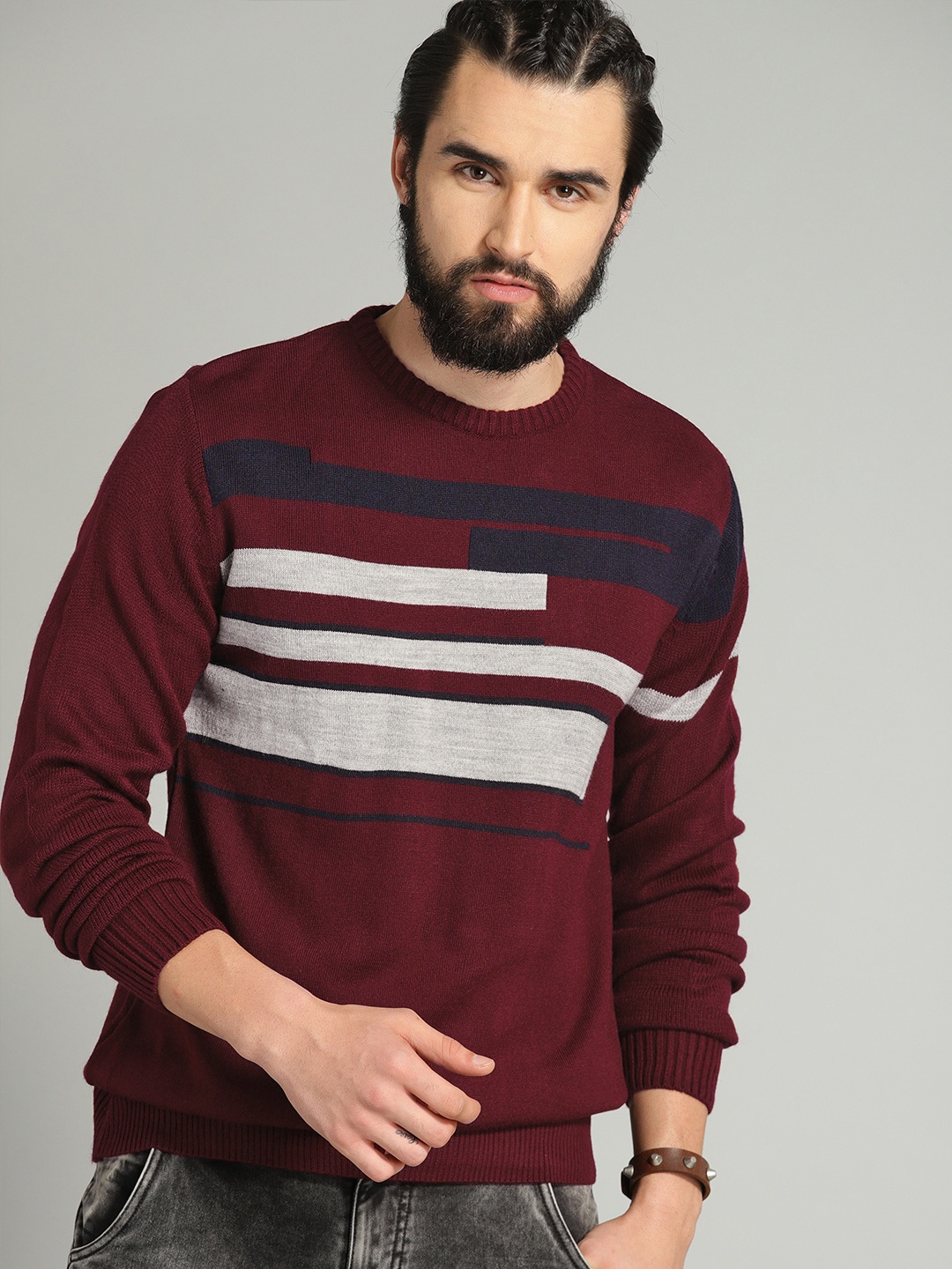 

The Roadster Lifestyle Co Men Maroon & Grey Striped Sweater