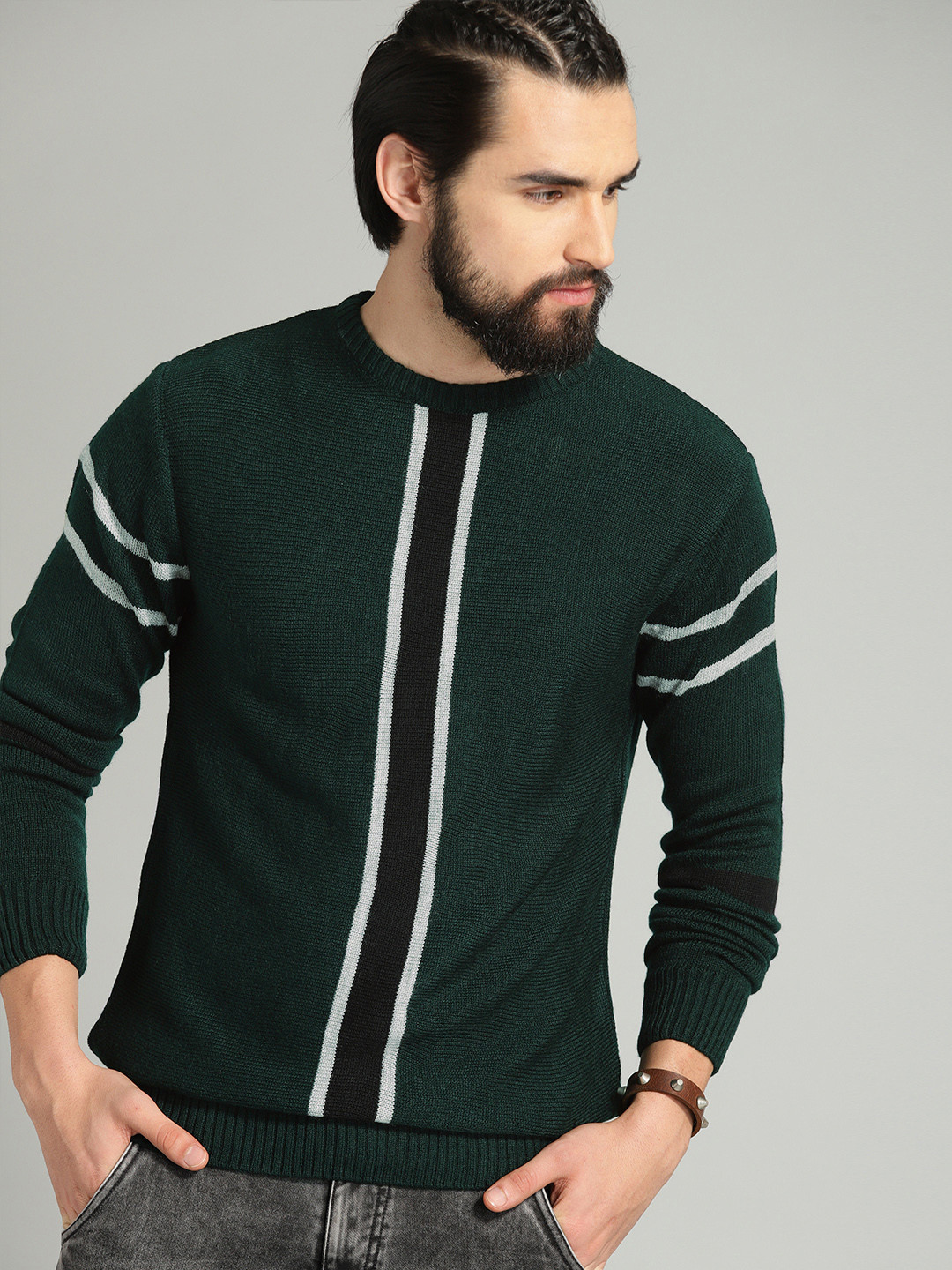 

The Roadster Lifestyle Co Men Green & Black Striped Sweater