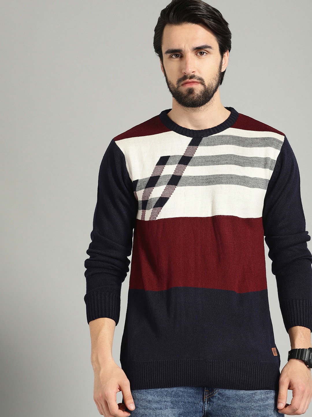 

The Roadster Lifestyle Co Men Navy Blue & Maroon Colourblocked Sweater