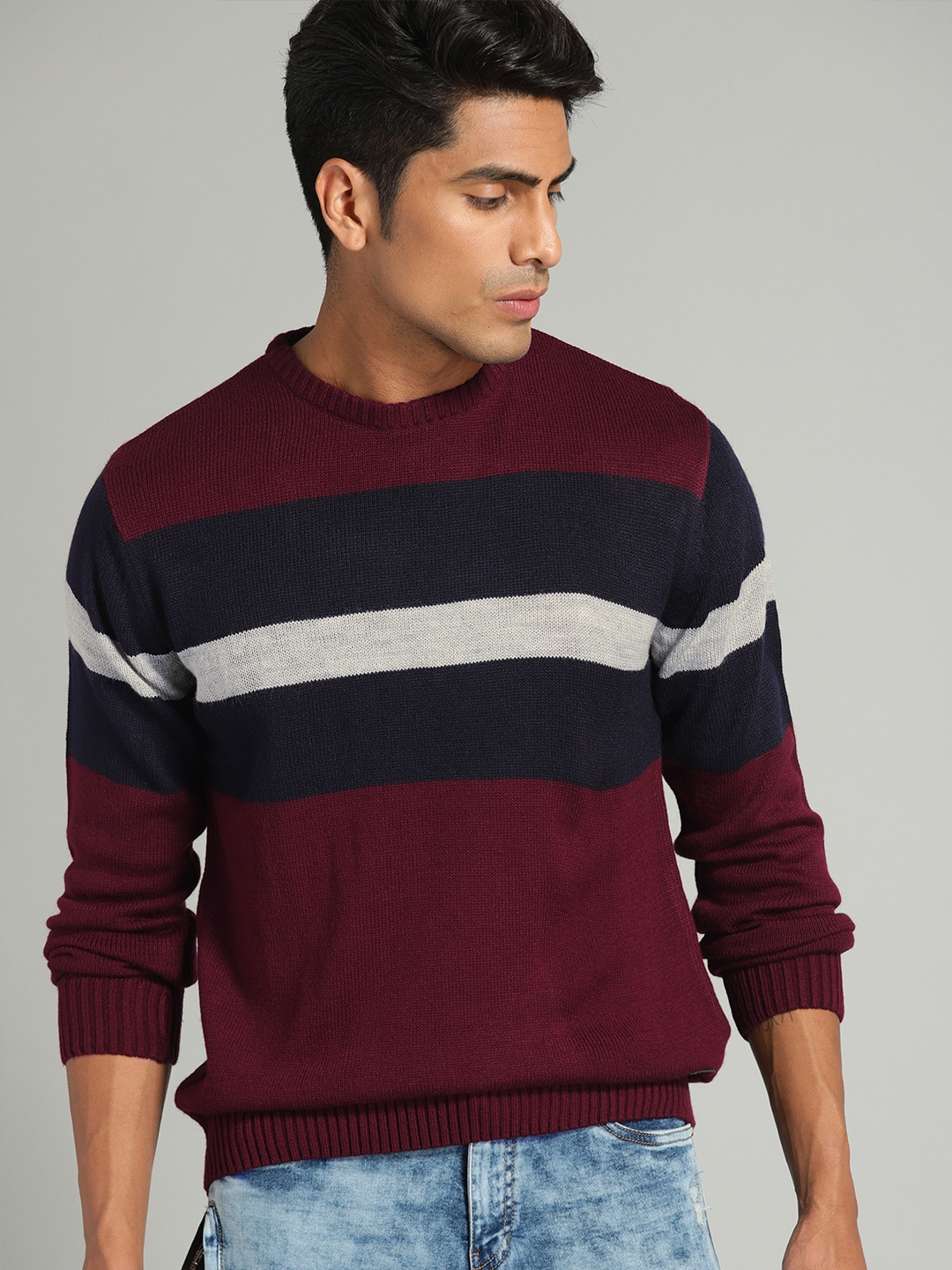 

The Roadster Lifestyle Co Men Maroon & Navy Blue Striped Sweater