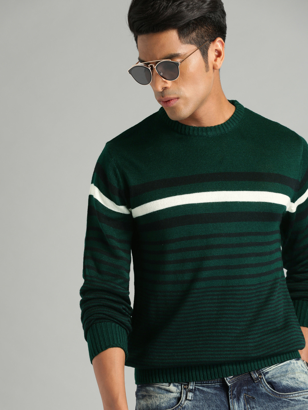 

The Roadster Lifestyle Co Men Green & Black Striped Sweater