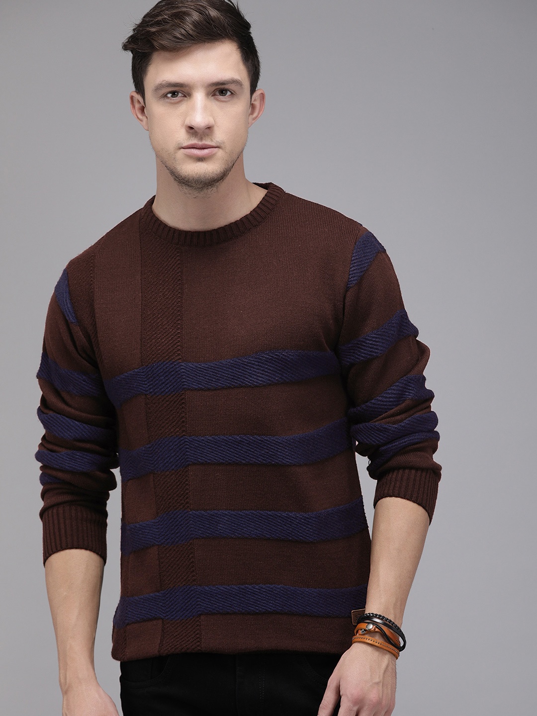 

The Roadster Lifestyle Co Men Coffee Brown & Navy Blue Striped Pullover Sweater