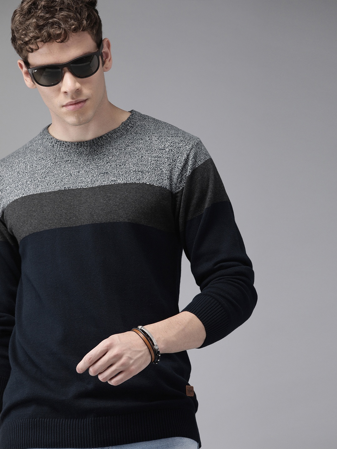 

The Roadster Lifestyle Co Men Navy Blue & Grey Colourblocked Pullover Sweater