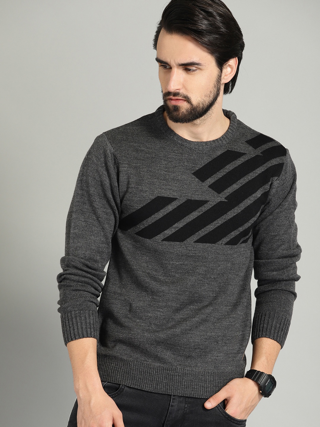 

The Roadster Lifestyle Co Men Charcoal Grey & Black Striped Sweater