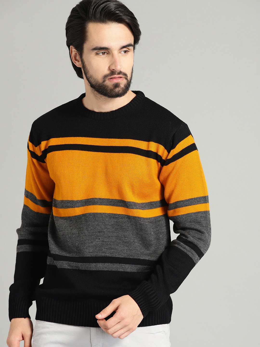 

Roadster Men Black Charcoal Grey Colourblocked Sweater