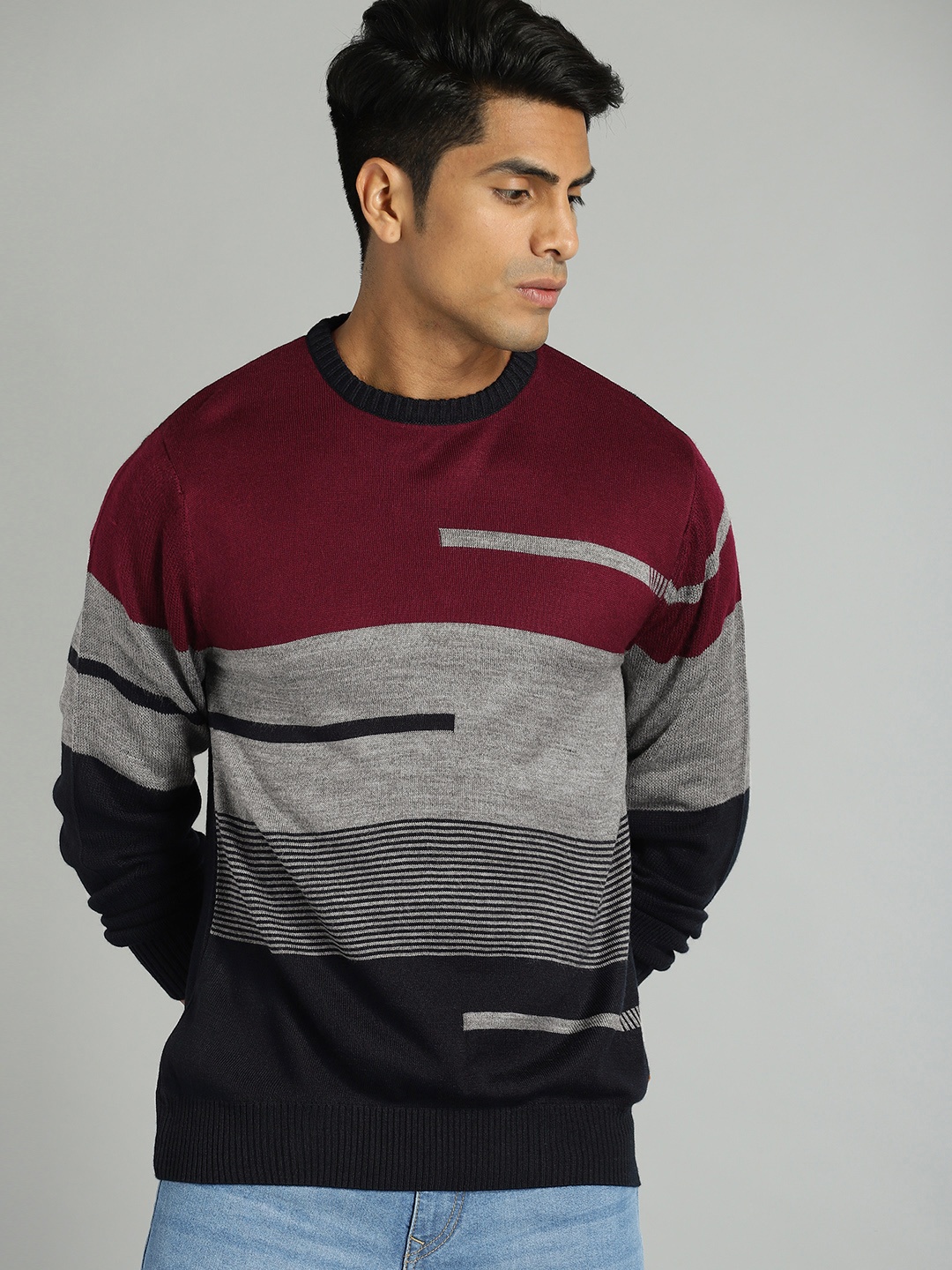 

The Roadster Lifestyle Co Men Navy Blue & Maroon Striped Sweater