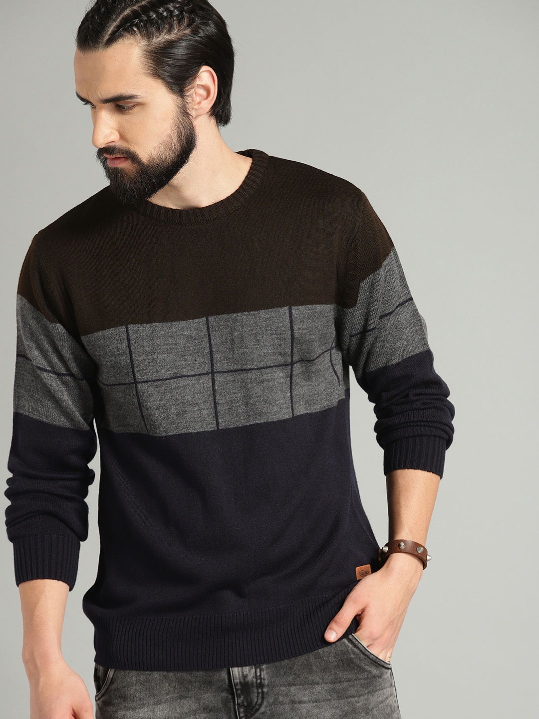 

The Roadster Lifestyle Co Men Navy Blue & Coffee Brown Colourblocked Sweater