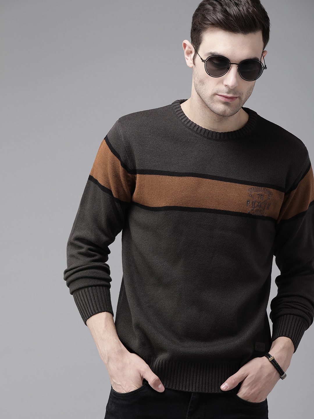 

The Roadster Lifestyle Co Men Charcoal Grey & Brown Striped Pullover Sweater