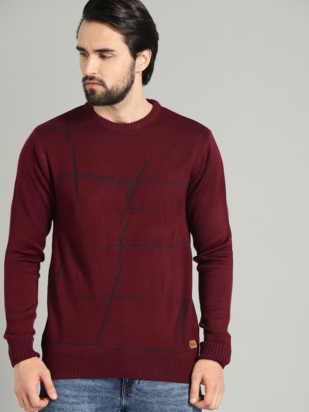 

The Roadster Lifestyle Co Men Maroon & Navy Blue Self Design Sweater