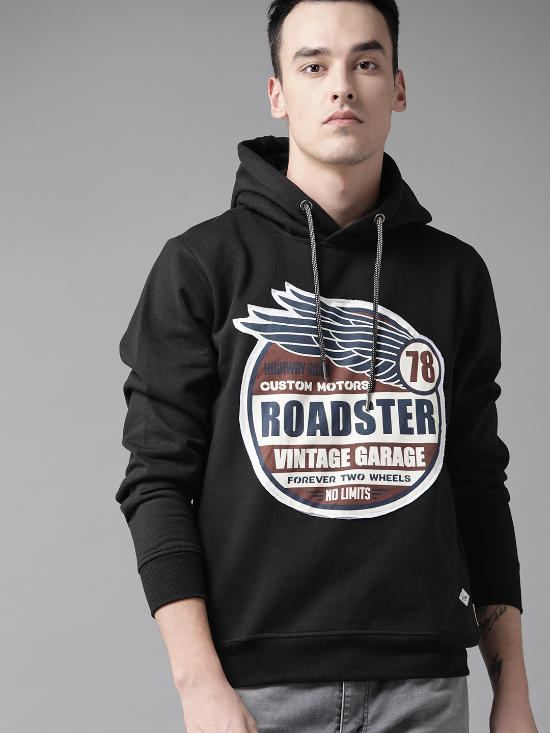 

The Roadster Lifestyle Co Men Black & Off White Printed Hooded Sweatshirt