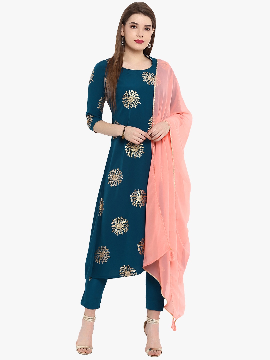 

Janasya Women Foil Printed Kurta with Trousers & Dupatta, Navy blue