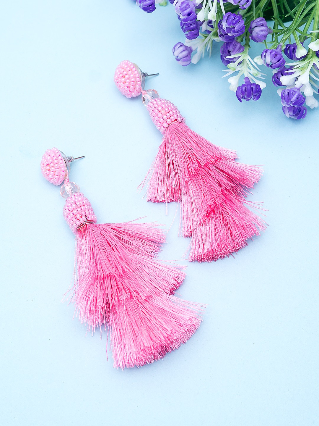 

Golden Peacock Pink Tasseled Drop Earrings