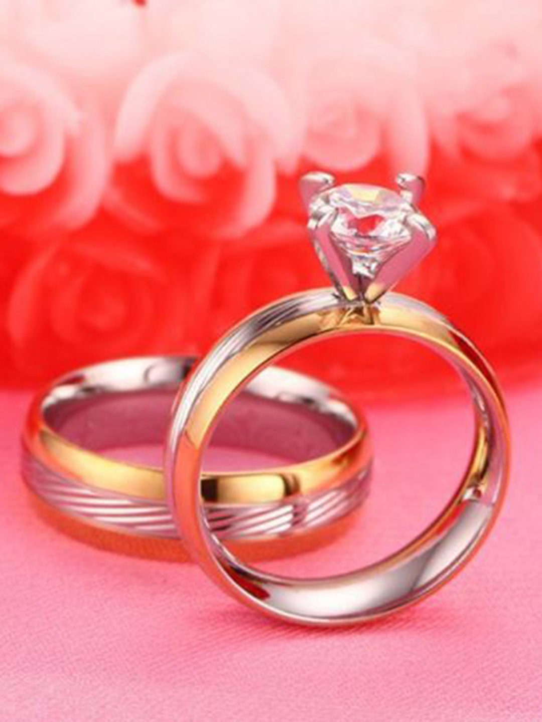 

Peora Silver-Toned & Gold-Toned Stone-Studded Couple Ring Set