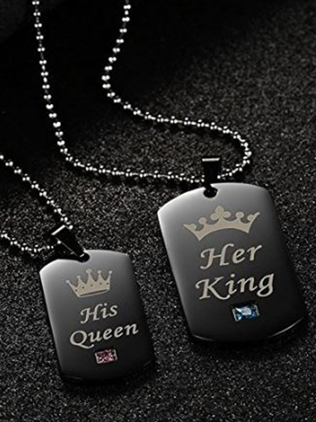 

Peora Unisex Black Pack Of 2 "Her King His Queen" Message Dog Tag Couple Pendant Necklace