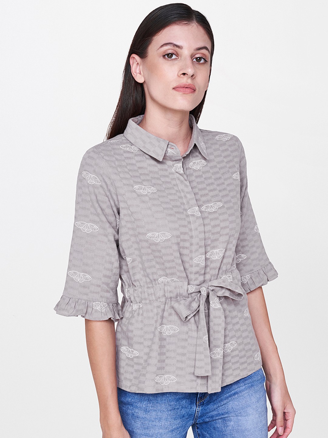 

AND Women Grey Regular Fit Self Design Casual Shirt