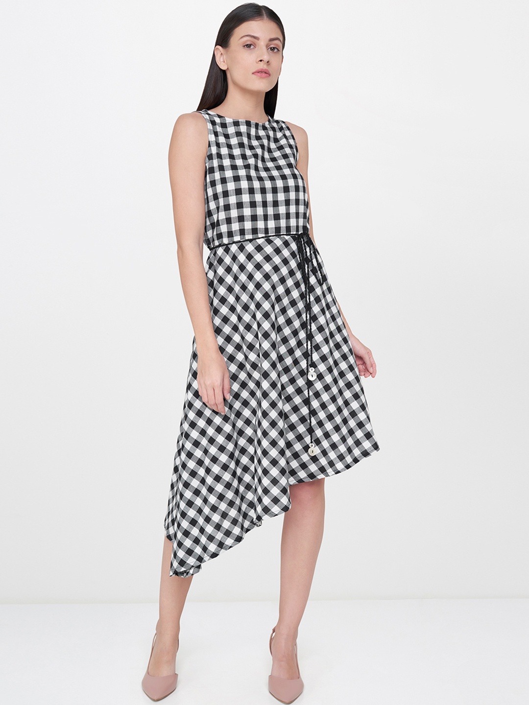 

AND Women White & Black Checked Fit and Flare Dress