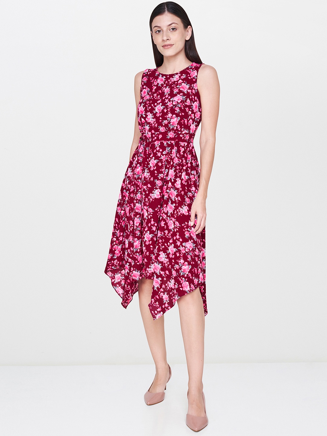 

AND Women Maroon Printed Fit and Flare Dress