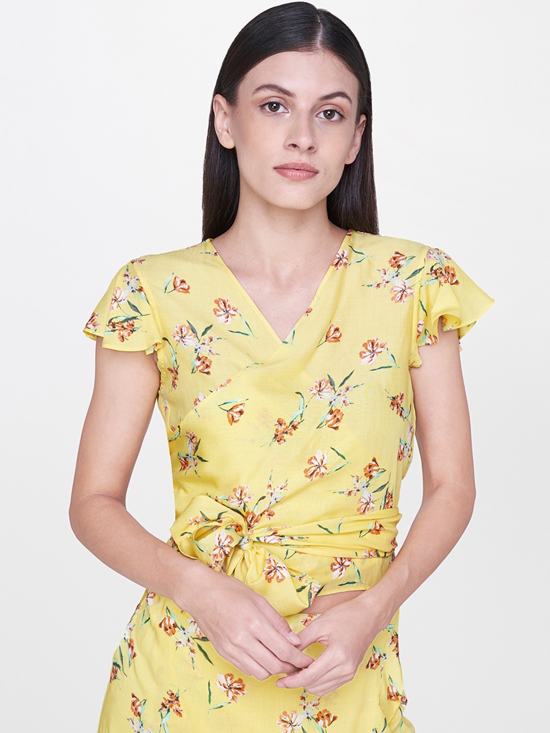 

AND Women Yellow Printed Wrap Crop Top