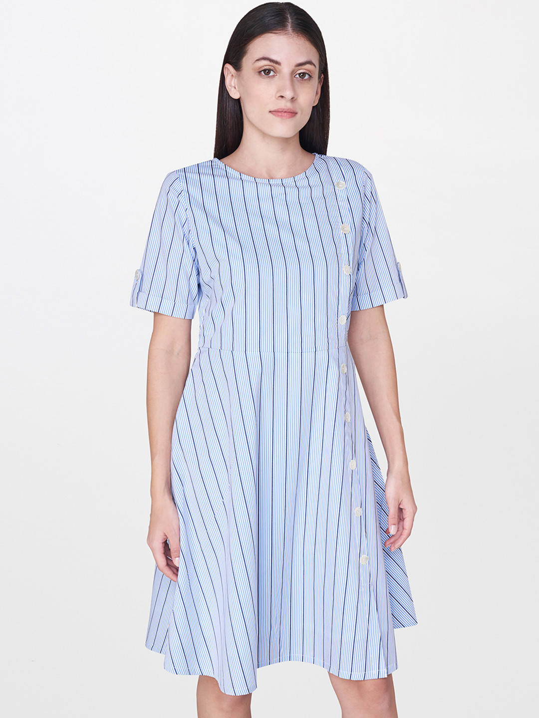 

AND Women Blue Striped Fit and Flare Dress
