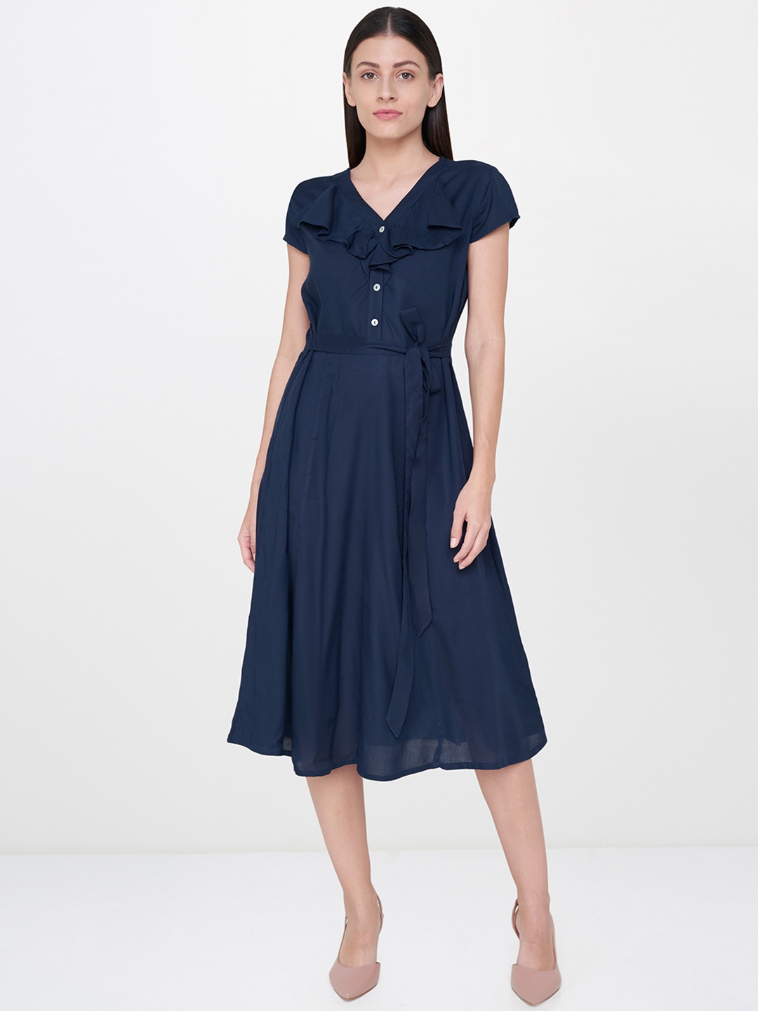 

AND Women Navy Blue Solid Fit & Flare Dress