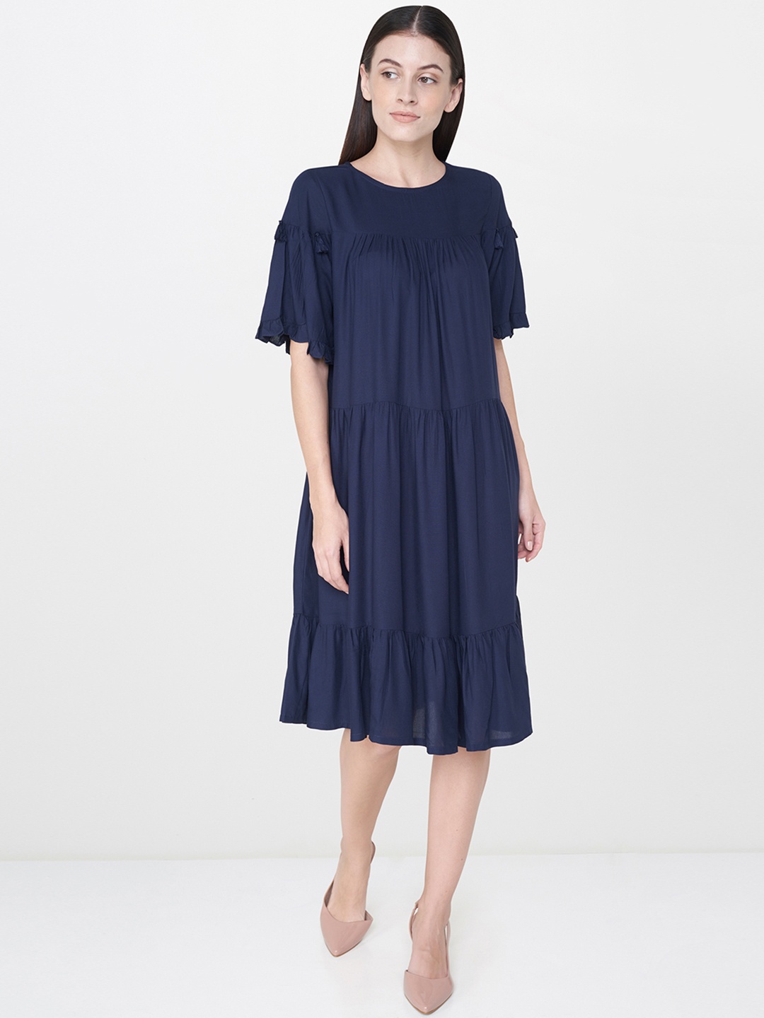 

AND Women Navy Blue Solid A-Line Tiered Dress