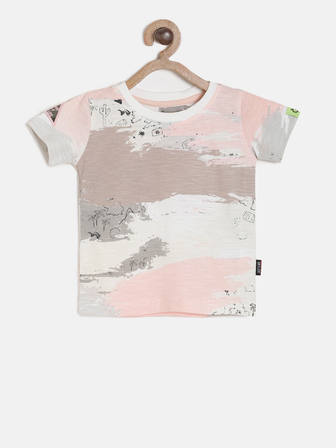 

Gini and Jony Boys Off White Pink Printed Round Neck Pure Cotton T-shirt