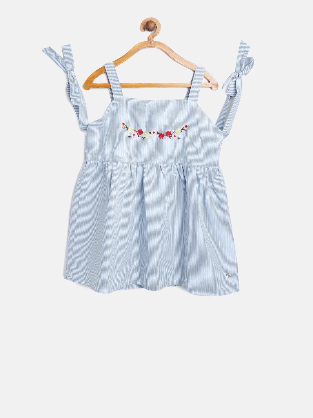 

Gini and Jony Girls Blue & White Striped A-Line Top with Embroidered Detail