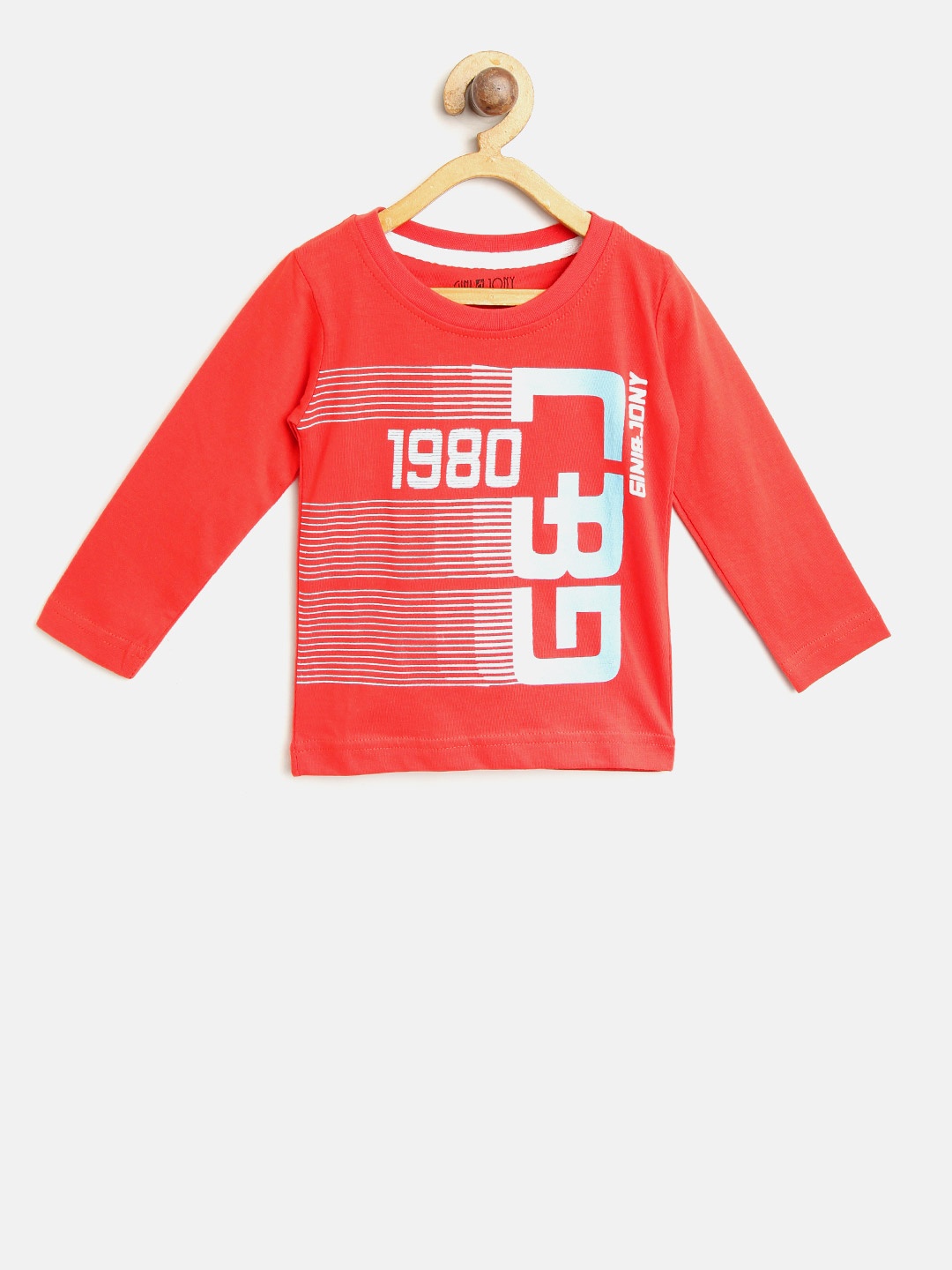 

Gini and Jony Boys Coral Red Blue Printed Round Neck Pure Cotton T-shirt