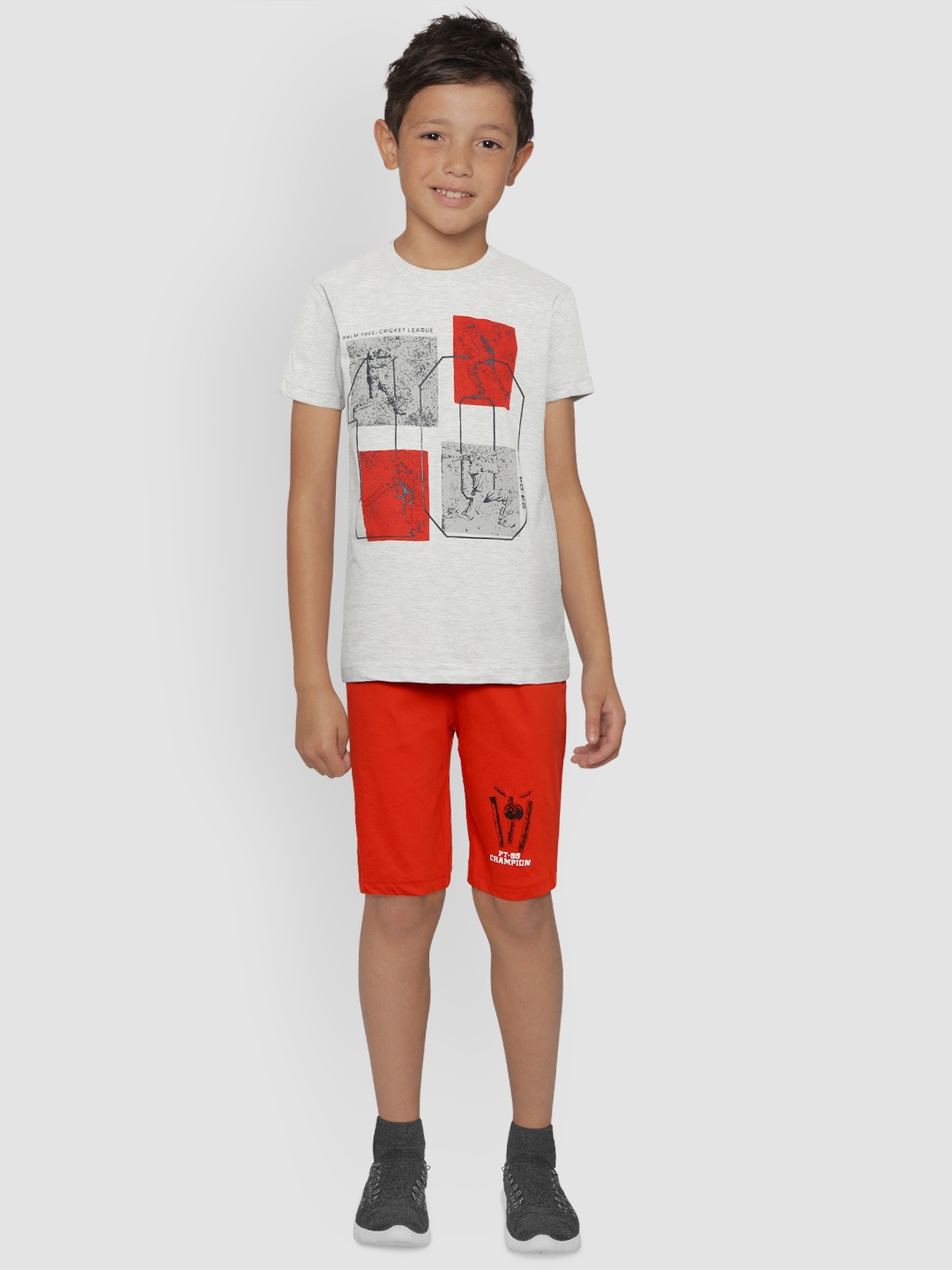 

Palm Tree Boys Grey Melange & Red Printed T-shirt with Shorts