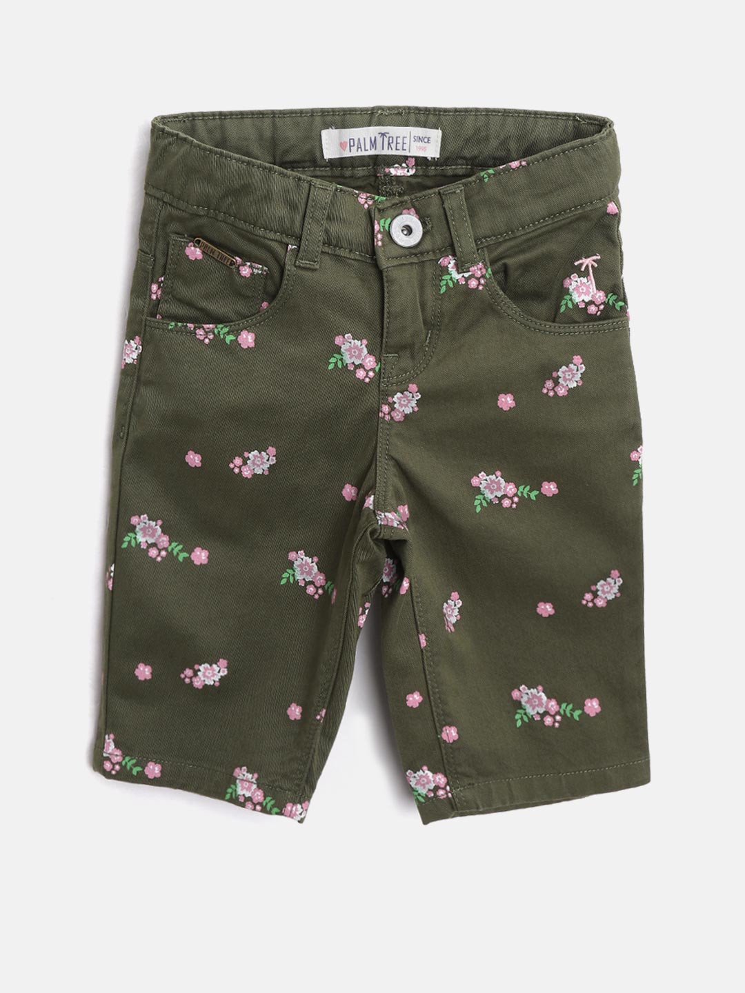 

Palm Tree Girls Olive Green & Pink Printed Regular Fit Capris