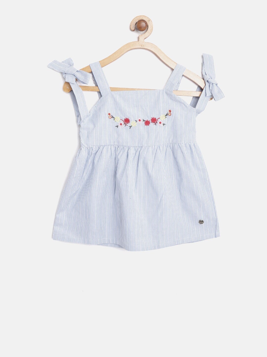 

Gini and Jony Girls Blue & White Striped A-Line Top with Embroidered Detail